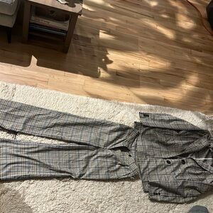 Two piece plaid pant suit, blue, brown and white